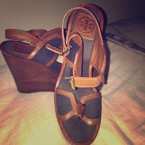 Tory Burch Navy and Brown Leather & Canvas Wedges
